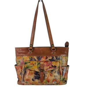 Patricia Nash Caramel Brown Leather Green Orange Floral Tote Shoulder Bag Purse